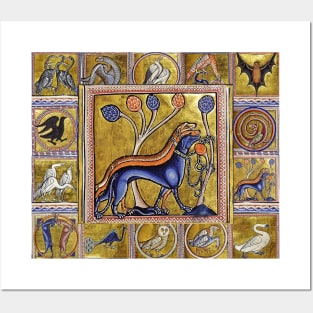 MEDIEVAL BESTIARY THREE DOGS, FANTASTIC ANIMALS IN GOLD RED BLUE COLORS Posters and Art